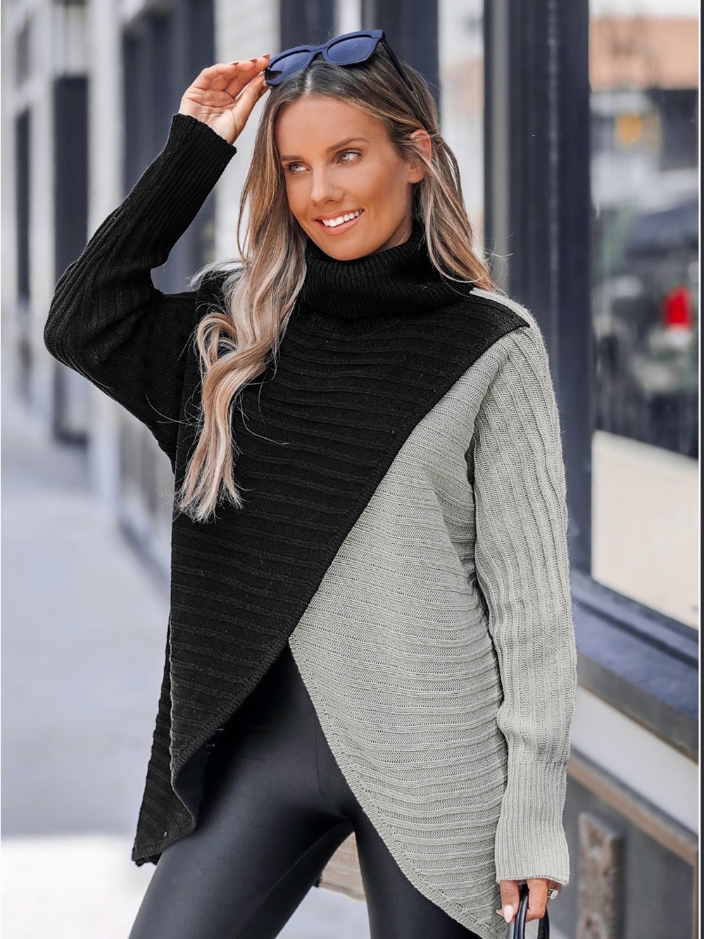 Cupshe Two-Tone Black and Cream Cowl Turtleneck Sweater